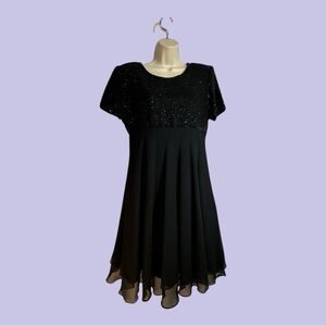 Sparkly Beaded Cocktail Dress High Waist Layered Ruffled Hem Black Medium